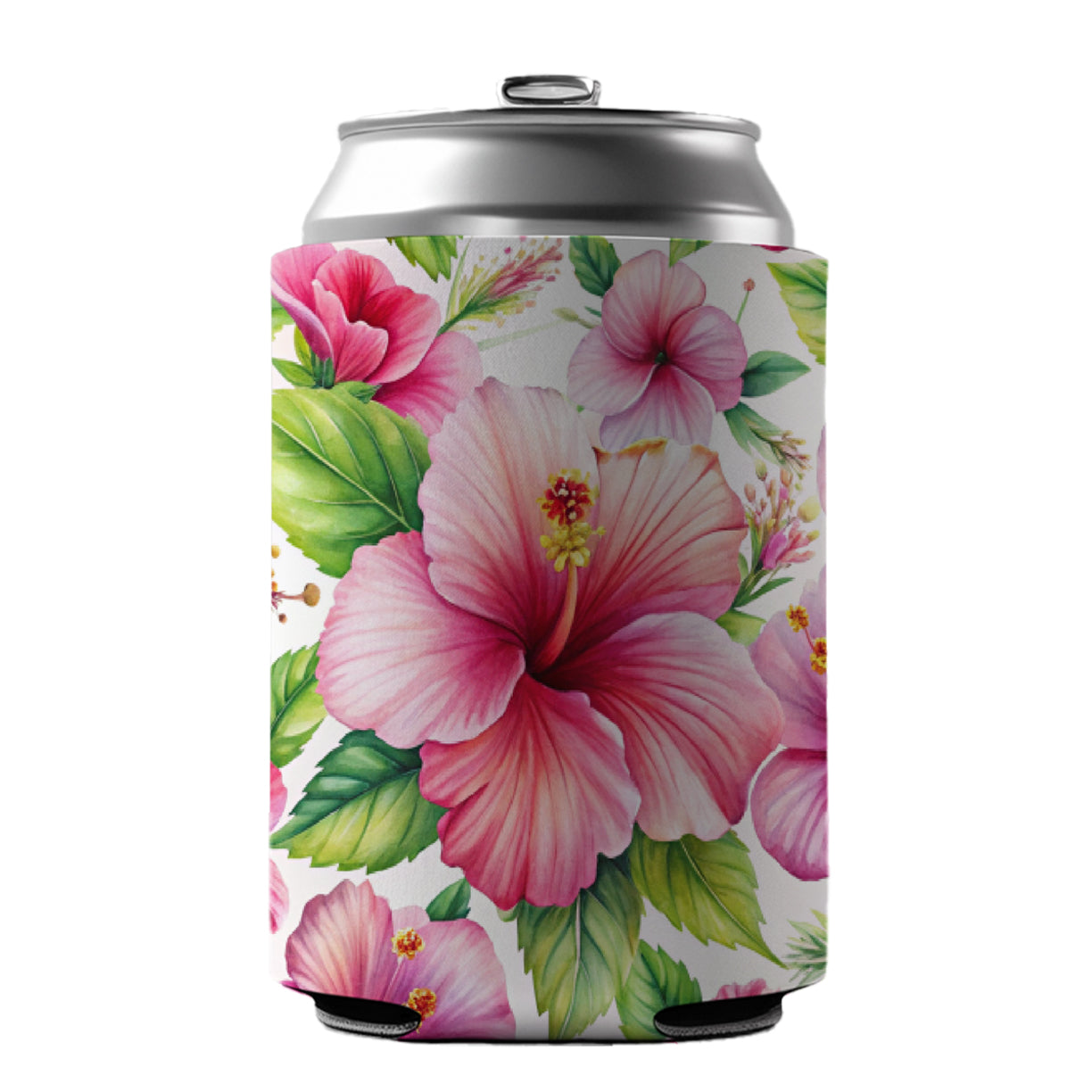 Pink Hibiscus Tropical Flowers Watercolor Can Cooler Beer Soda Drink Insulated Holder Sleeve Hugger