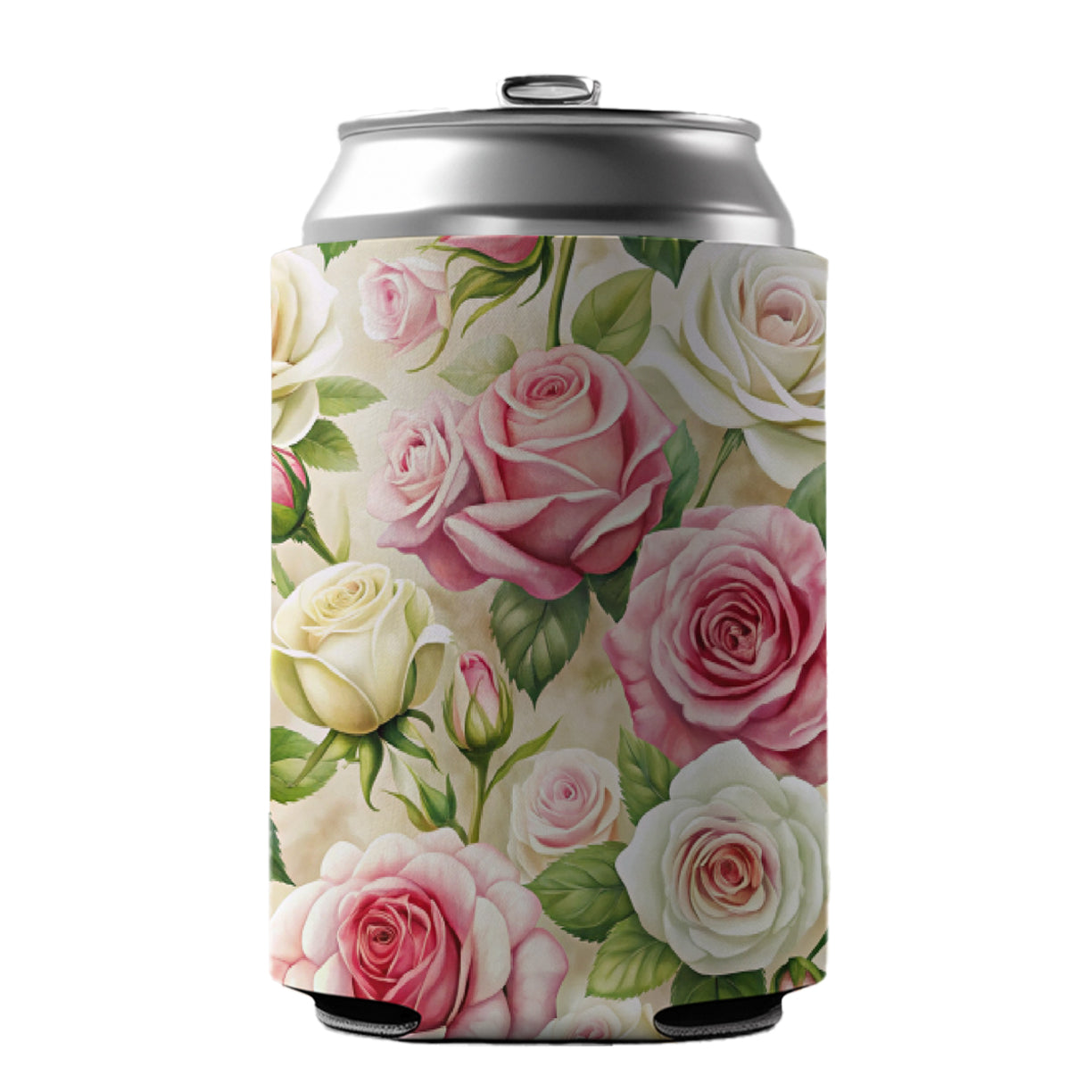 Pink White Roses Flowers Watercolor Can Cooler Beer Soda Drink Insulated Holder Sleeve Hugger