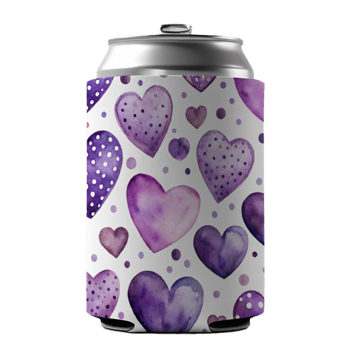 Purple Hearts Polka Dots Watercolor Can Cooler Beer Soda Drink Insulated Holder Sleeve Hugger