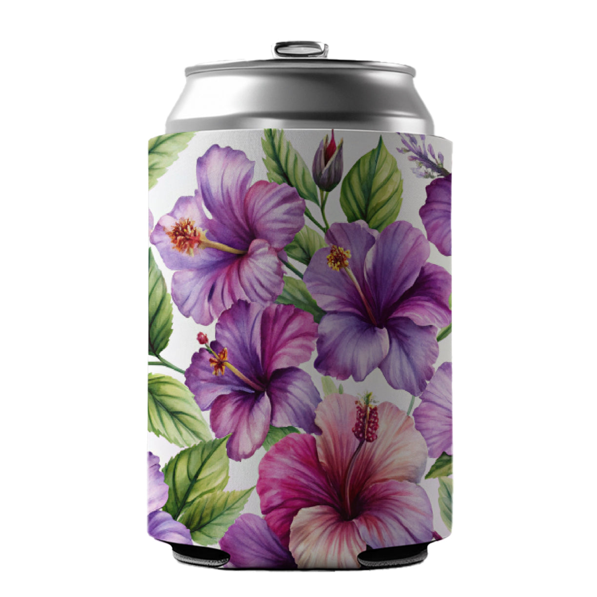 Purple Hibiscus Flowers Watercolor Can Cooler Beer Soda Drink Insulated Holder Sleeve Hugger