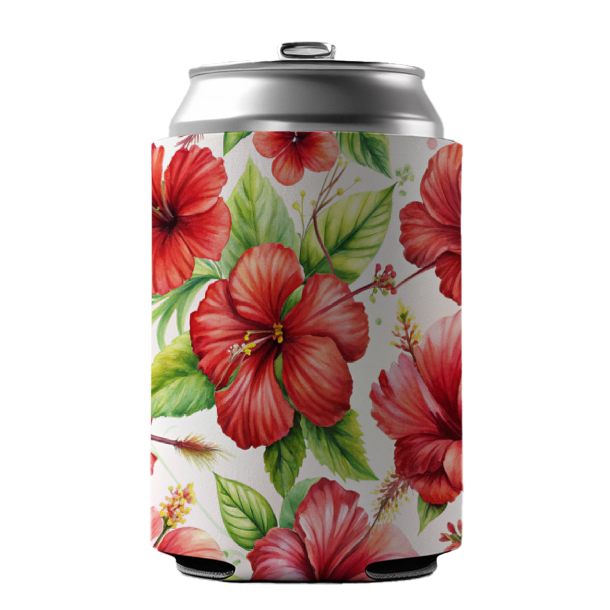 Red Hibiscus Flowers Watercolor Can Cooler Beer Soda Drink Insulated Holder Sleeve Hugger