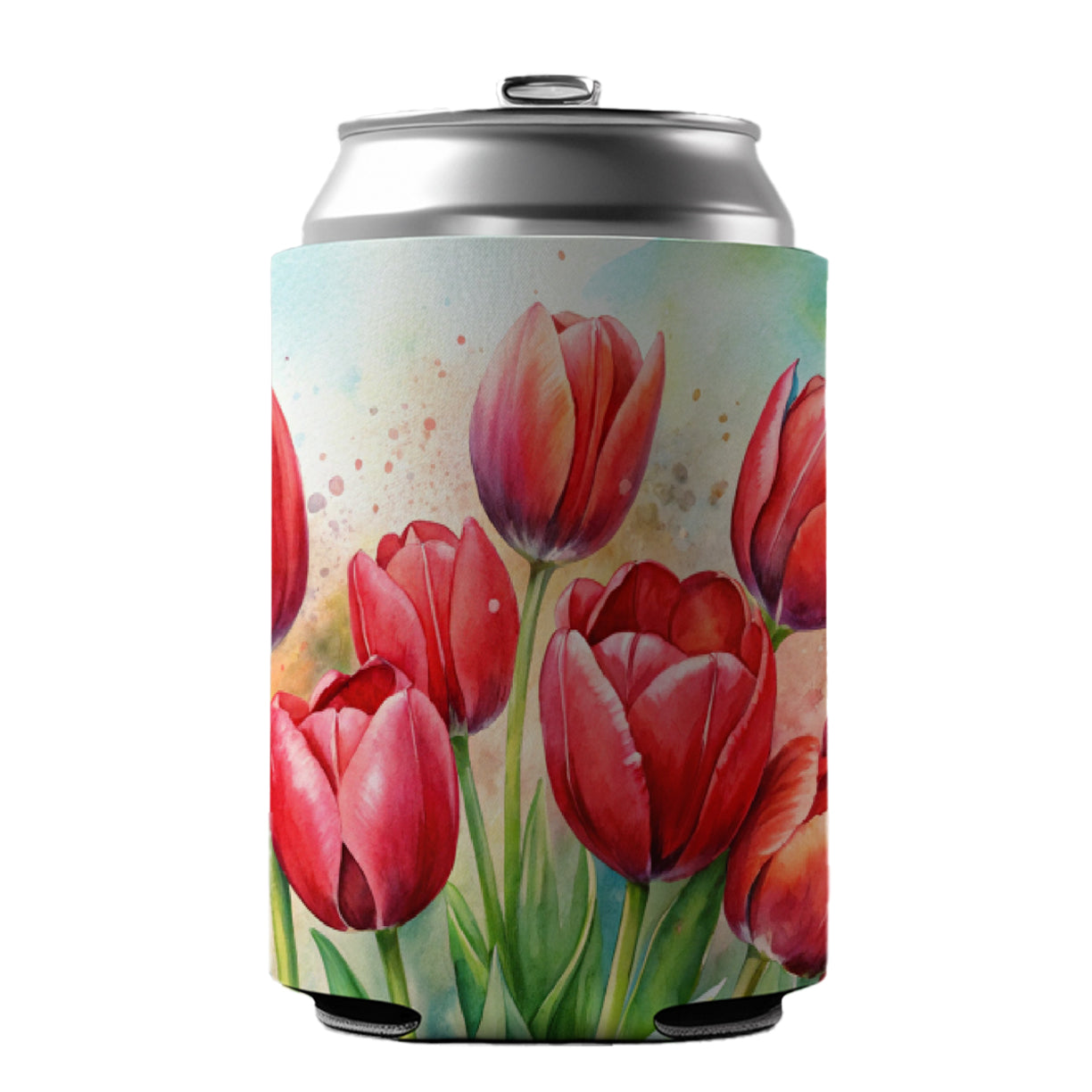 Red Tulips Flowers Watercolor Can Cooler Beer Soda Drink Insulated Holder Sleeve Hugger