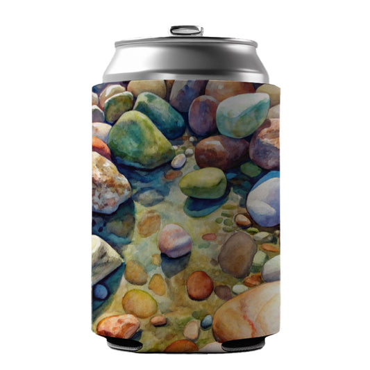 River Rocks Watercolor Can Cooler Beer Soda Drink Insulated Holder Sleeve Hugger
