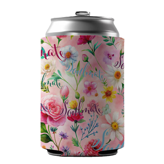 Soulmate Love Wedding Anniversary Flowers Pink Background Can Cooler Beer Soda Drink Insulated Holder Sleeve Hugger