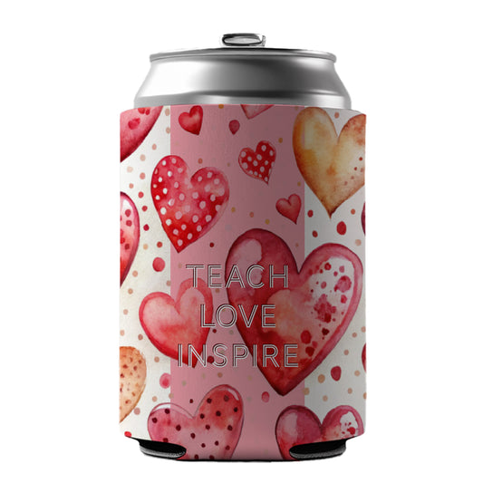 Teach Love Inspire Red Hearts Teacher Appreciation Can Cooler Beer Soda Drink Insulated Holder Sleeve Hugger