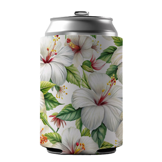 White Hibiscus Flowers Watercolor Can Cooler Beer Soda Drink Insulated Holder Sleeve Hugger