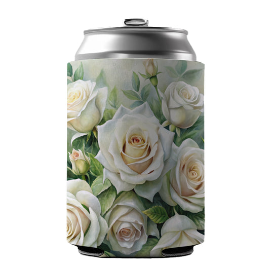 White Roses Flowers Watercolor Can Cooler Beer Soda Drink Insulated Holder Sleeve Hugger