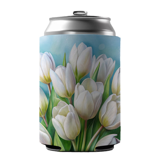 White Tulips Flowers Watercolor Can Cooler Beer Soda Drink Insulated Holder Sleeve Hugger