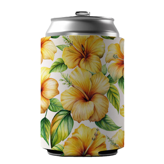 Yellow Hibiscus Flowers Watercolor Can Cooler Beer Soda Drink Insulated Holder Sleeve Hugger