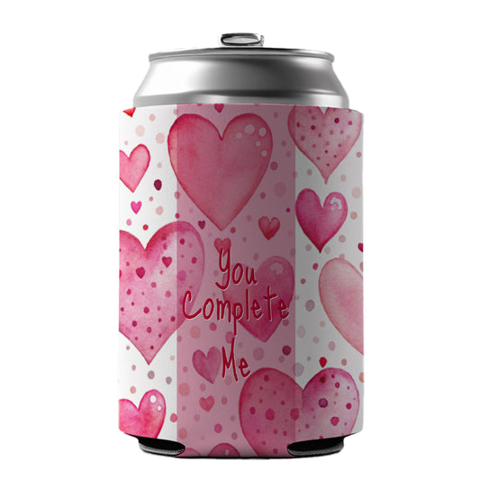 You Complete Me Valentine's Love Anniversary Pink Hearts Dots Can Cooler Beer Soda Drink Insulated Holder Sleeve Hugger