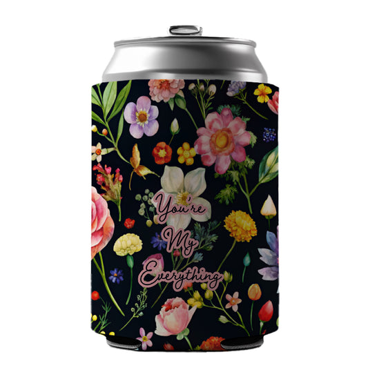You're My Everything Romantic Love Wedding Anniversary Flowers Black Background Can Cooler Beer Soda Drink Insulated Holder Sleeve Hugger