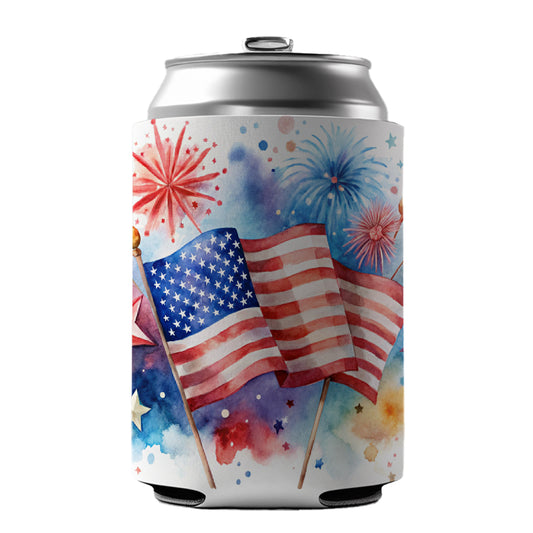 4th Of July Patriotic Independence Day Watercolor Can Cooler Beer Soda Drink Insulated Holder Sleeve Hugger