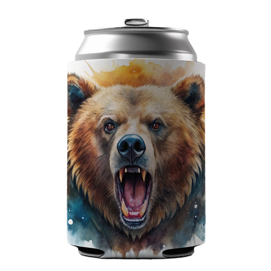 Angry Mad Grizzly Bear Watercolor Can Cooler Beer Soda Drink Insulated Holder Sleeve Hugger