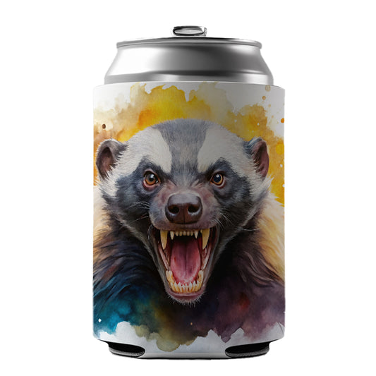 Angry Mad Honey Badger Watercolor Can Cooler Beer Soda Drink Insulated Holder Sleeve Hugger