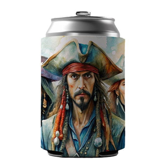 Angry Swashbuckling Pirates Watercolor Can Cooler Beer Soda Drink Insulated Holder Sleeve Hugger