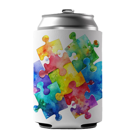 Autism Awareness Acceptance Puzzle Pieces Watercolor Can Cooler Beer Soda Drink Insulated Holder Sleeve Hugger