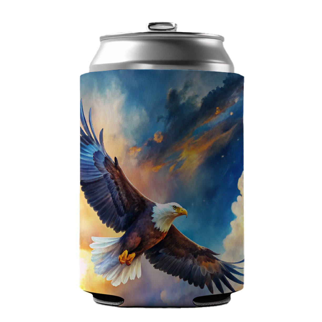 Bald Eagle Flying In Sky Clouds Watercolor Can Cooler Beer Soda Drink Insulated Holder Sleeve Hugger
