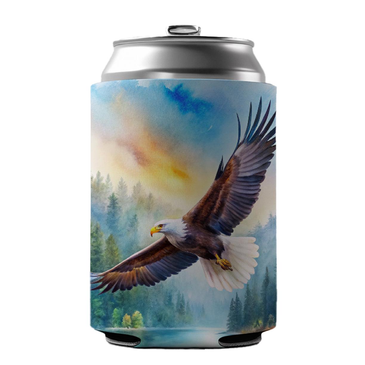 Bald Eagle Flying With Forest Lake Watercolor Can Cooler Beer Soda Drink Insulated Holder Sleeve Hugger