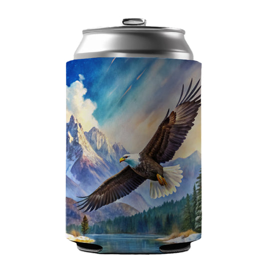 Bald Eagle Flying With Mountains Lake Watercolor Can Cooler Beer Soda Drink Insulated Holder Sleeve Hugger