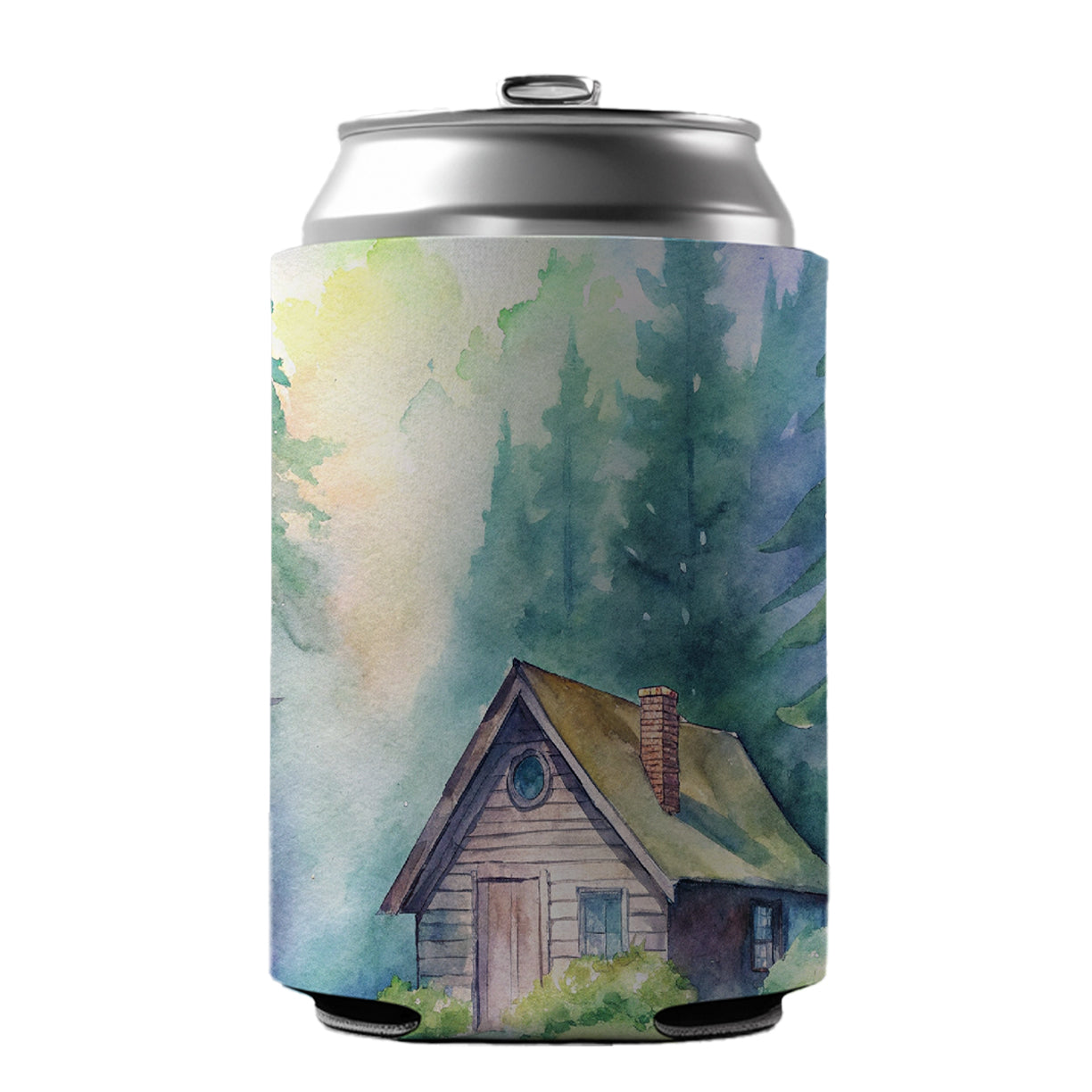 Cabin In The Forest Woods Watercolor Can Cooler Beer Soda Drink Insulated Holder Sleeve Hugger