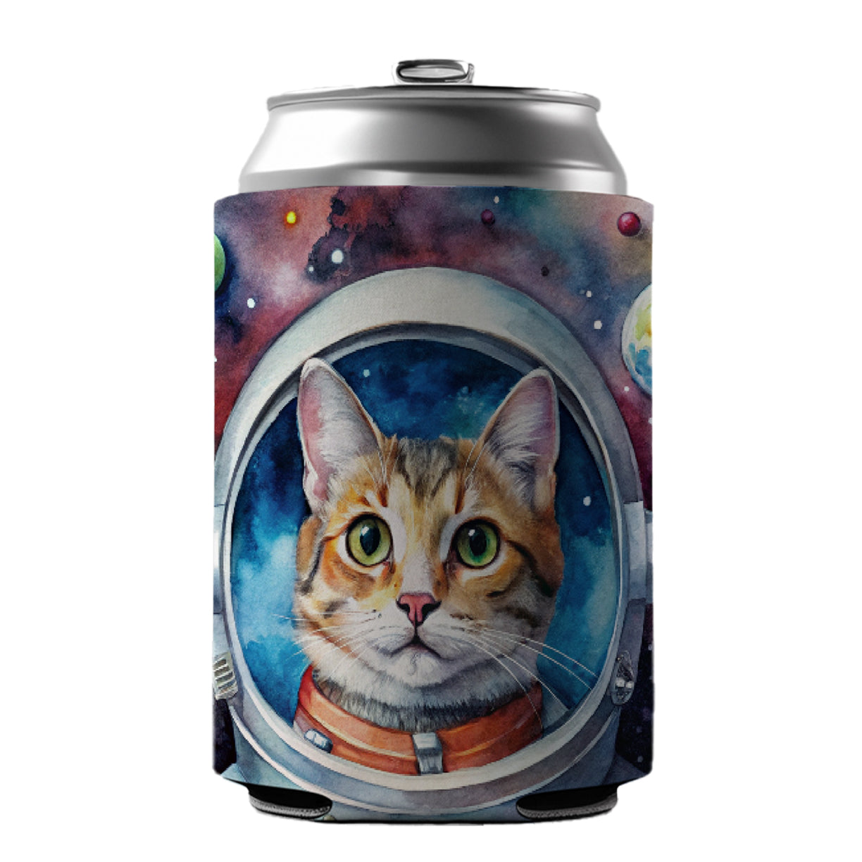 Cat In Space Funny Tabby Watercolor Can Cooler Beer Soda Drink Insulated Holder Sleeve Hugger