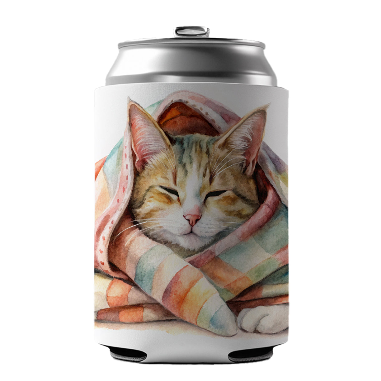 Cat Snuggling In Blanket Watercolor Can Cooler Beer Soda Drink Insulated Holder Sleeve Hugger
