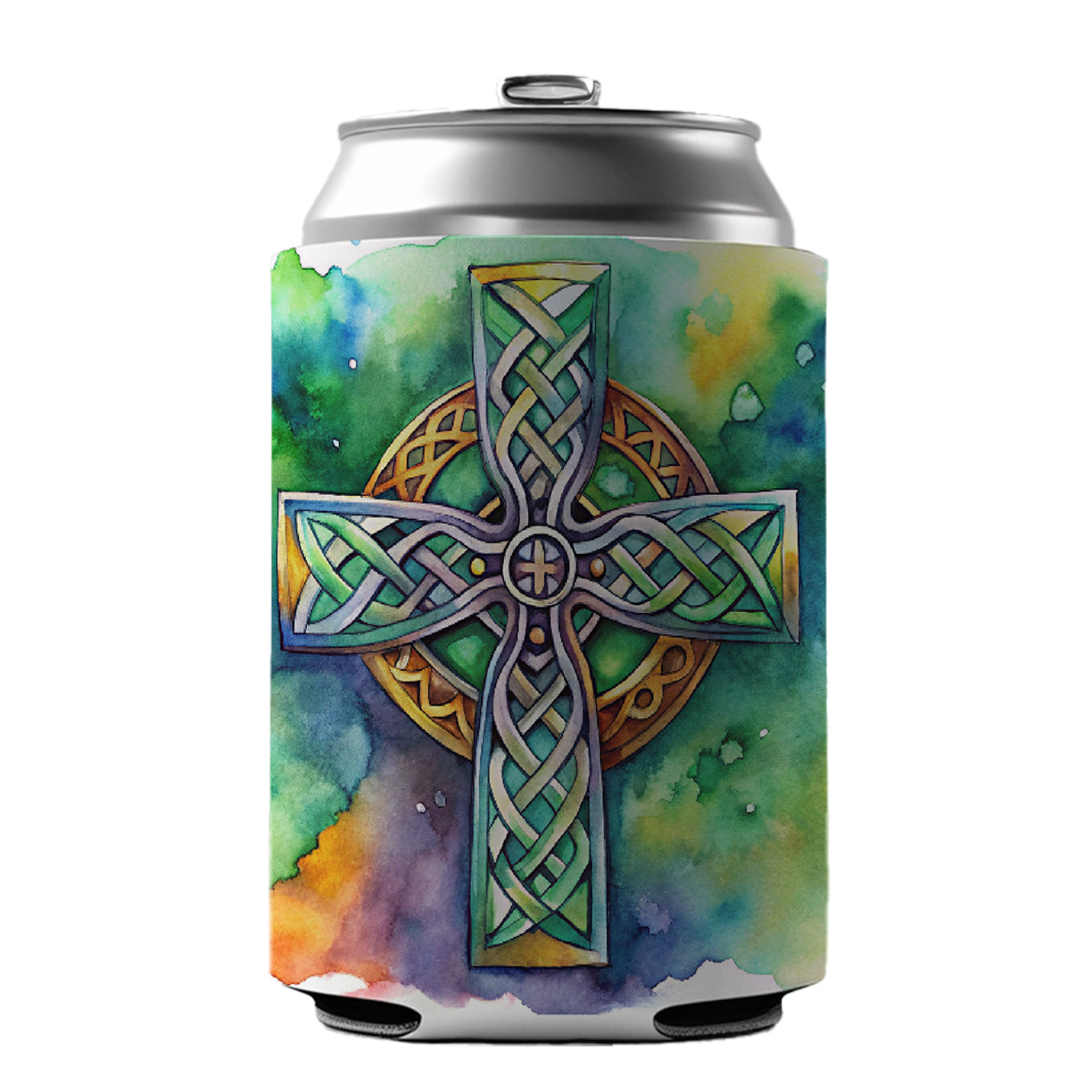 Celtic Christian Cross Watercolor Can Cooler Beer Soda Drink Insulated Holder Sleeve Hugger