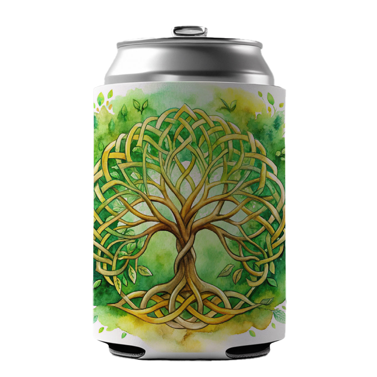 Celtic Irish Tree Of Life Knots Green And Golden Watercolor Can Cooler Beer Soda Drink Insulated Holder Sleeve Hugger