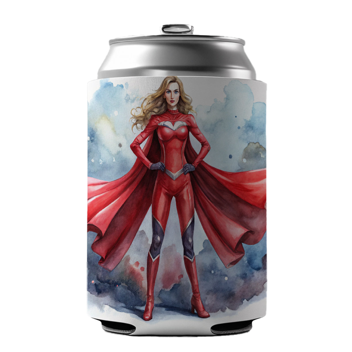 Classic Female Superhero With Red Costume Watercolor Can Cooler Beer Soda Drink Insulated Holder Sleeve Hugger