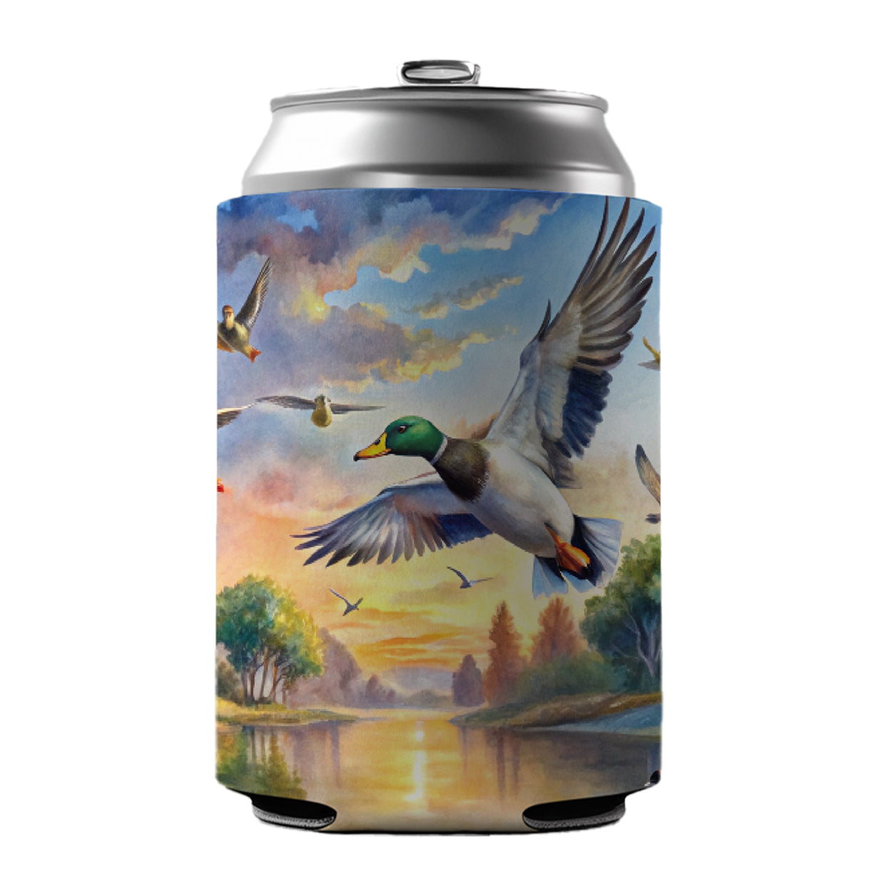 Ducks Flying At Sunrise Hunting Watercolor Can Cooler Beer Soda Drink Insulated Holder Sleeve Hugger