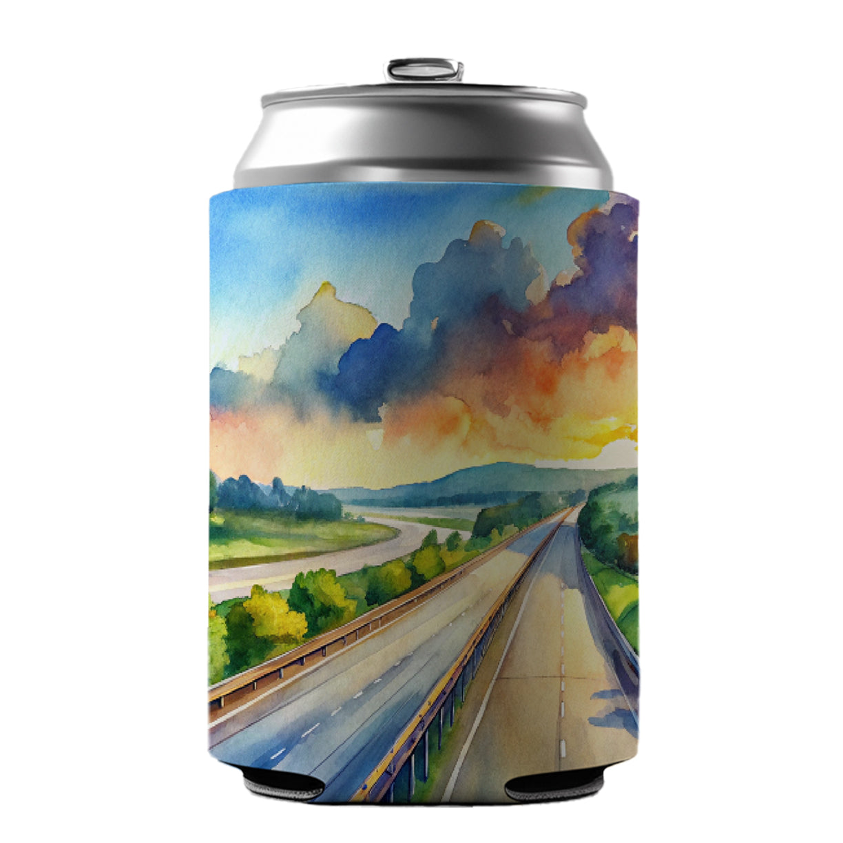 Empty Highway Stretching Into The Distance Watercolor Can Cooler Beer Soda Drink Insulated Holder Sleeve Hugger
