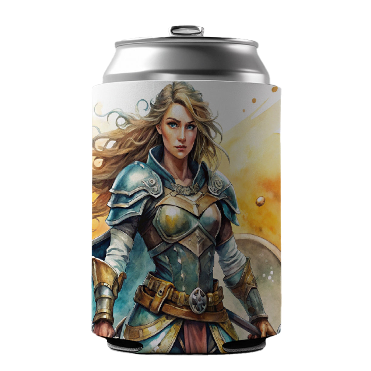 Fantasy Female Fighter Warrior Shield-maiden Watercolor Can Cooler Beer Soda Drink Insulated Holder Sleeve Hugger