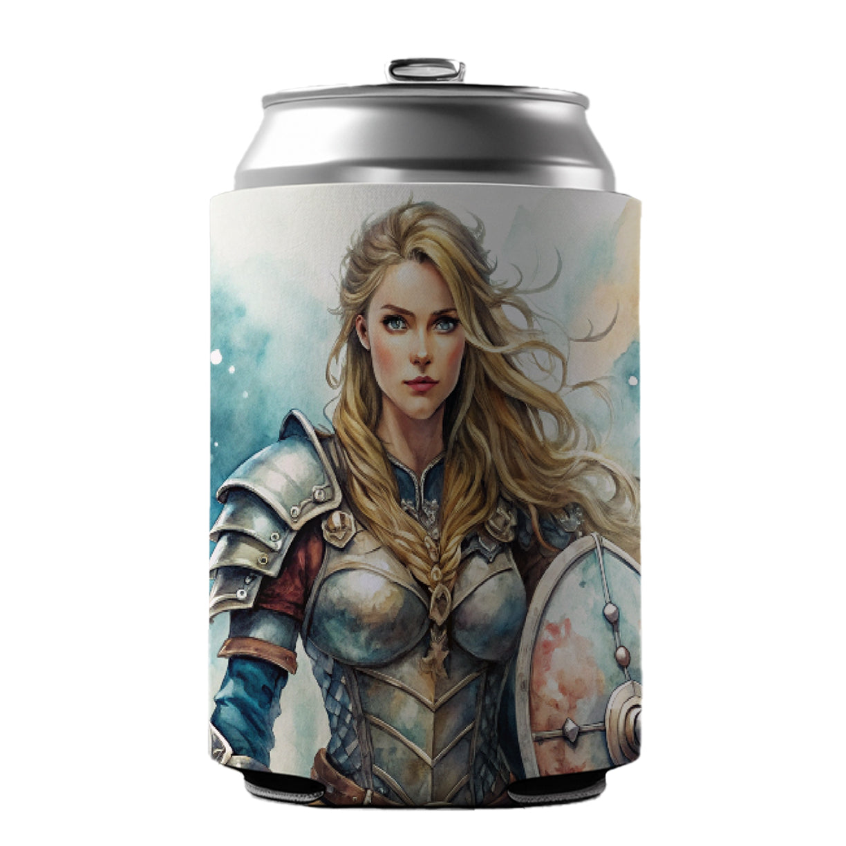 Fantasy Female Warrior Knight Watercolor Can Cooler Beer Soda Drink Insulated Holder Sleeve Hugger