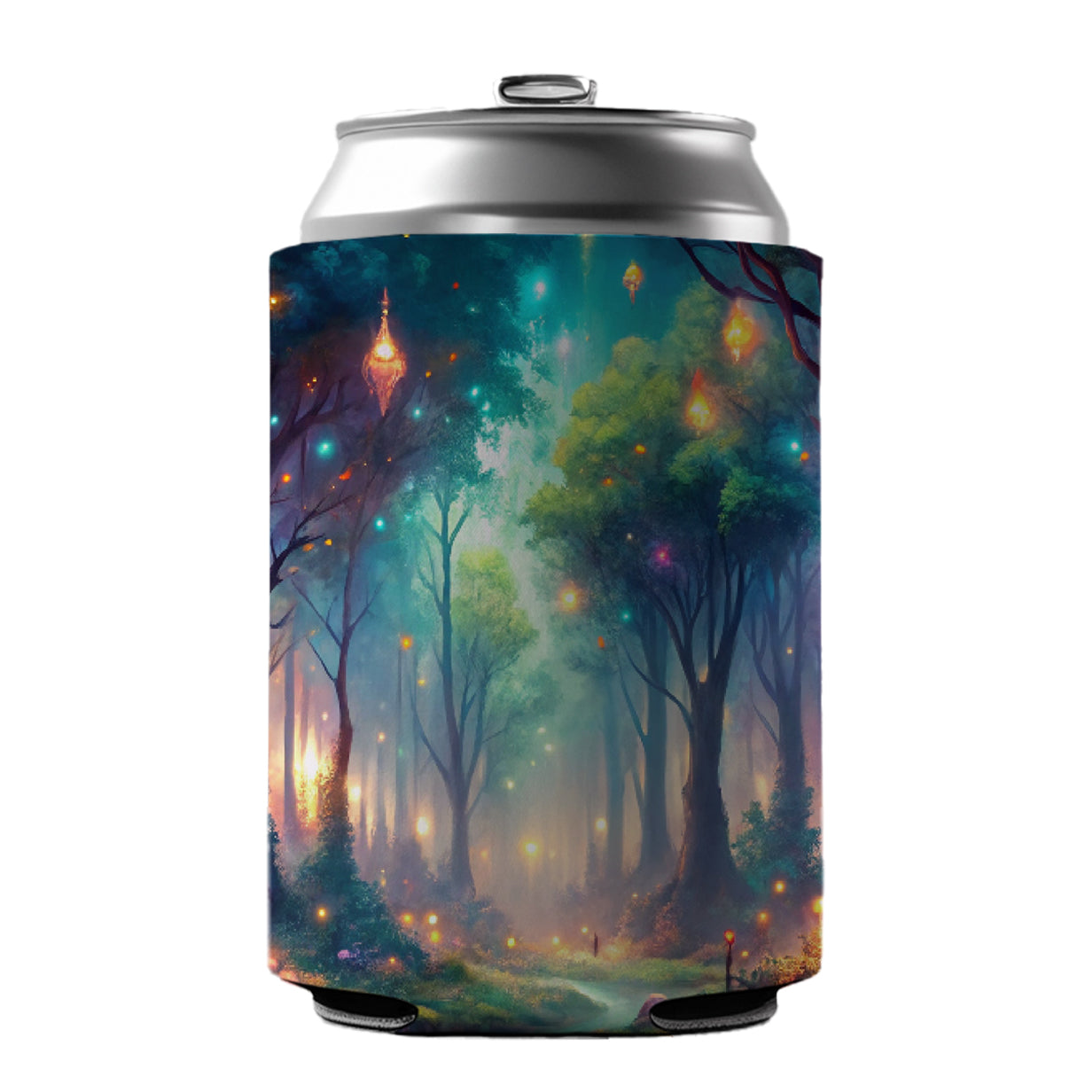 Fantasy Forest With Glowing Sprites Fae Spirits Watercolor Can Cooler Beer Soda Drink Insulated Holder Sleeve Hugger