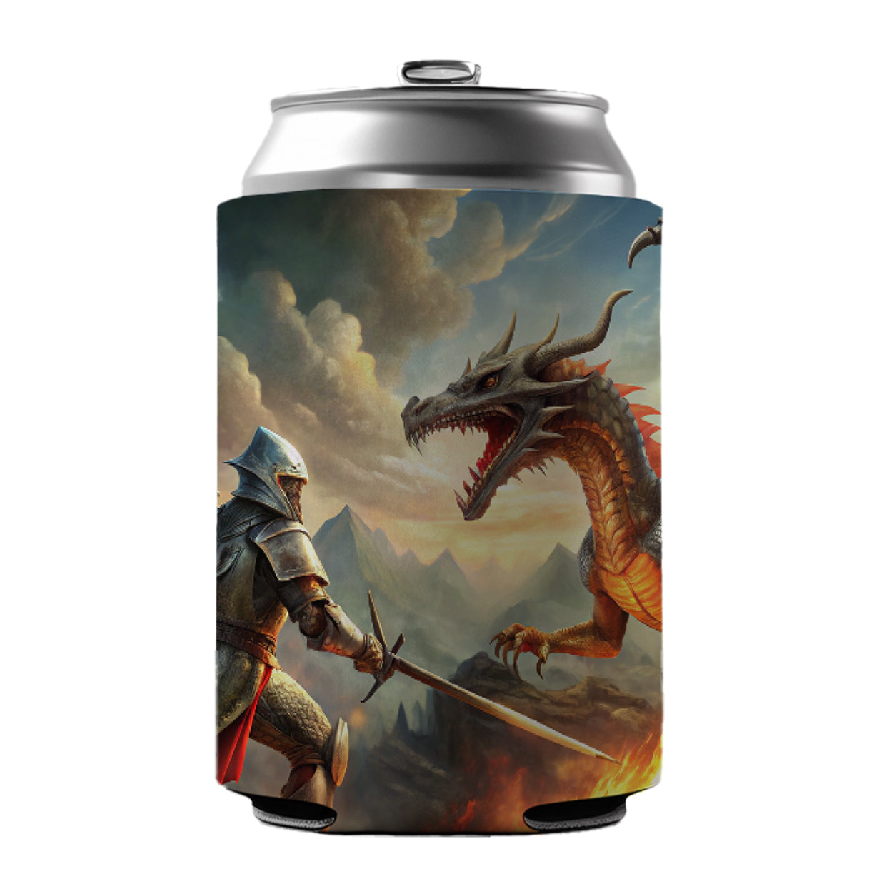 Fantasy Knight Fighting A Fire-breathing Dragon Can Cooler Beer Soda Drink Insulated Holder Sleeve Hugger