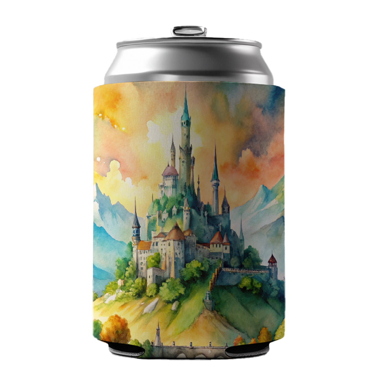 Fantasy Magical Castle On A Hill Watercolor Can Cooler Beer Soda Drink Insulated Holder Sleeve Hugger