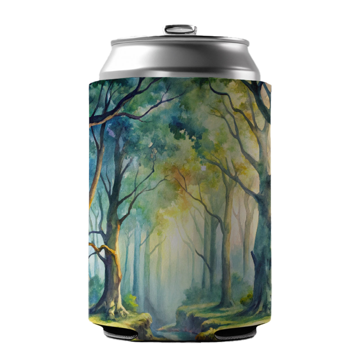 Fantasy Misty Forest Stream And Trees Watercolor Can Cooler Beer Soda Drink Insulated Holder Sleeve Hugger