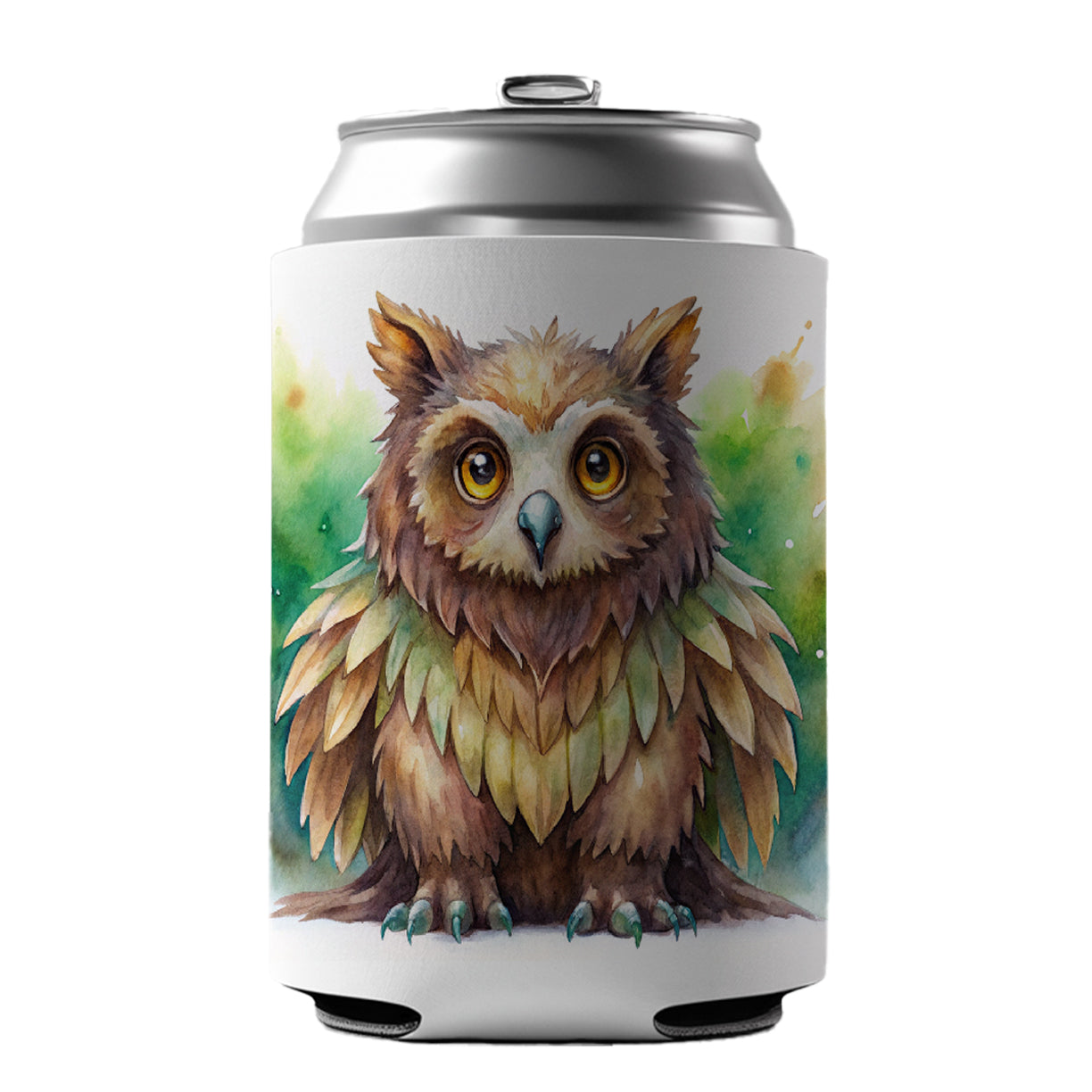 Fantasy Owl Bear Owlbear Green Background Watercolor Can Cooler Beer Soda Drink Insulated Holder Sleeve Hugger