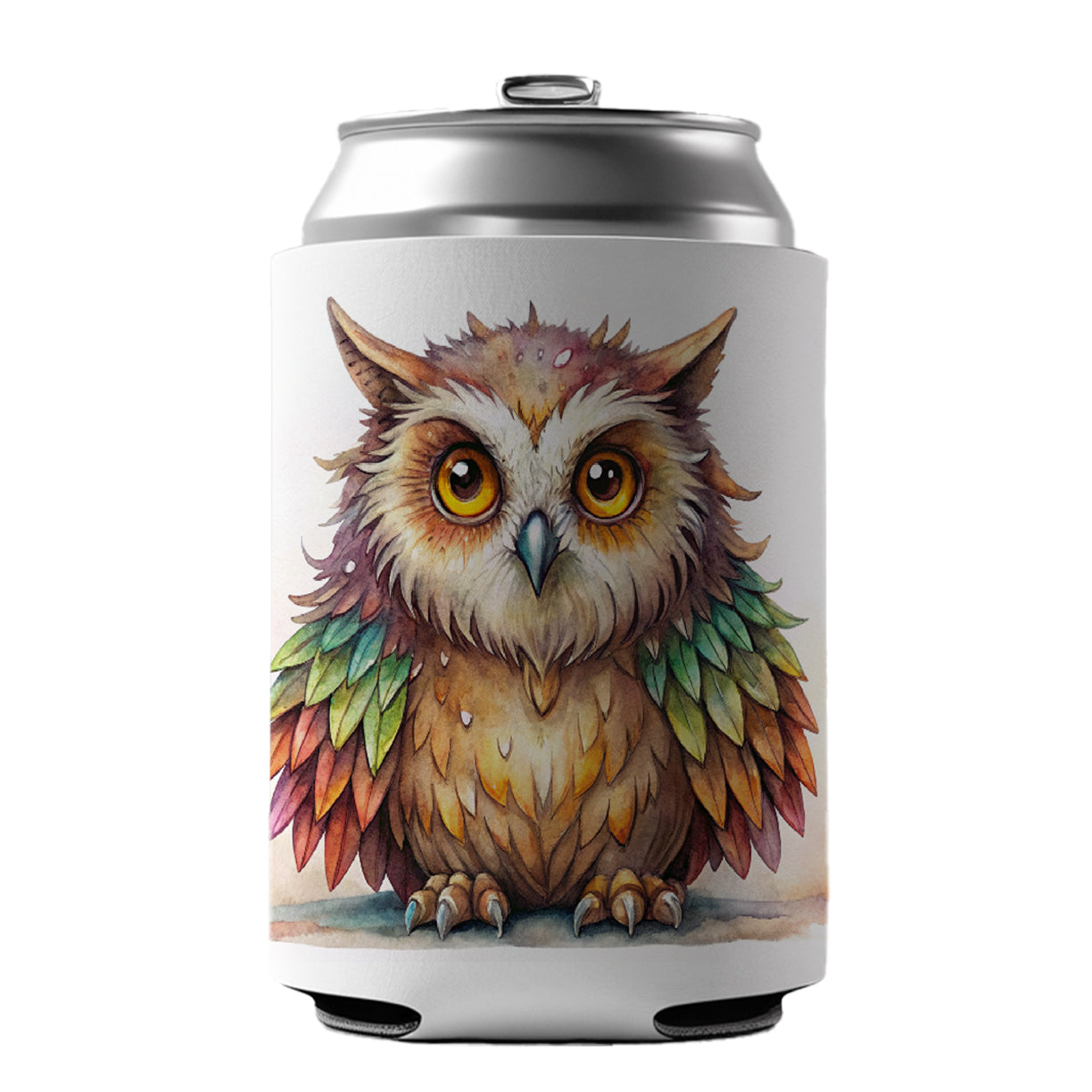 Fantasy Owlbear Owl Bear Colorful Wings Watercolor Can Cooler Beer Soda Drink Insulated Holder Sleeve Hugger