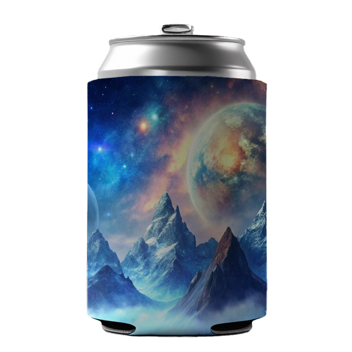 Fantasy Sci-fi World Moons Rising Over Mountains Watercolor Can Cooler Beer Soda Drink Insulated Holder Sleeve Hugger