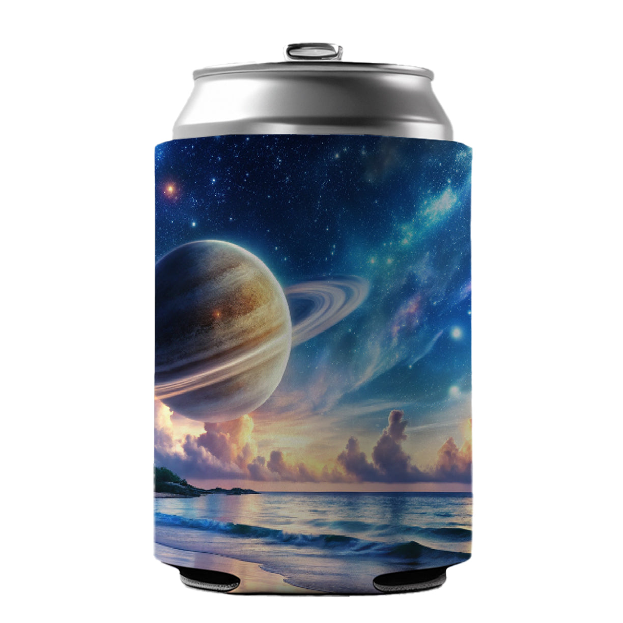 Fantasy Sci-fi World Saturn Rising Over Beach Can Cooler Beer Soda Drink Insulated Holder Sleeve Hugger