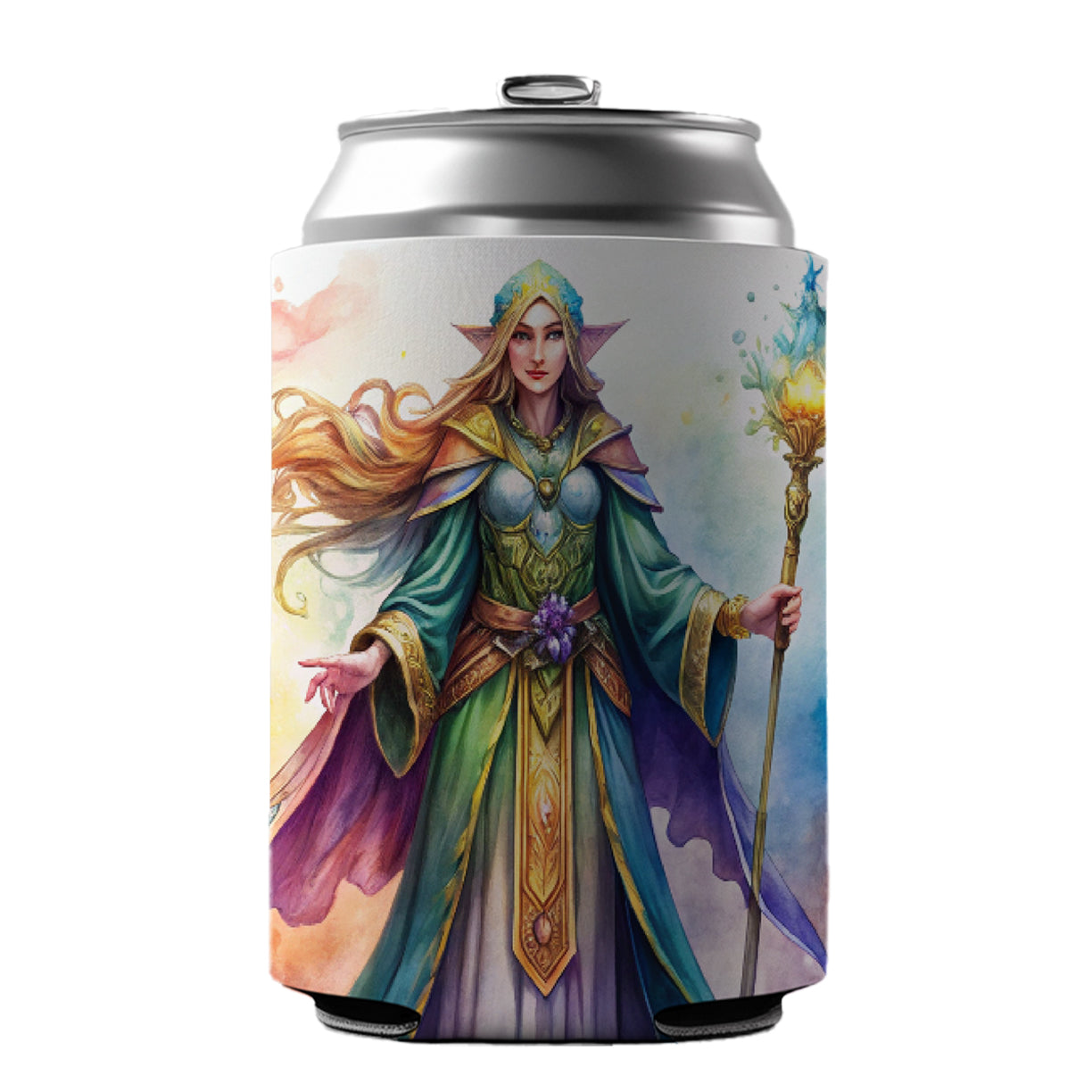 Fantasy Sorceress Colorful Magic Mana Watercolor Can Cooler Beer Soda Drink Insulated Holder Sleeve Hugger