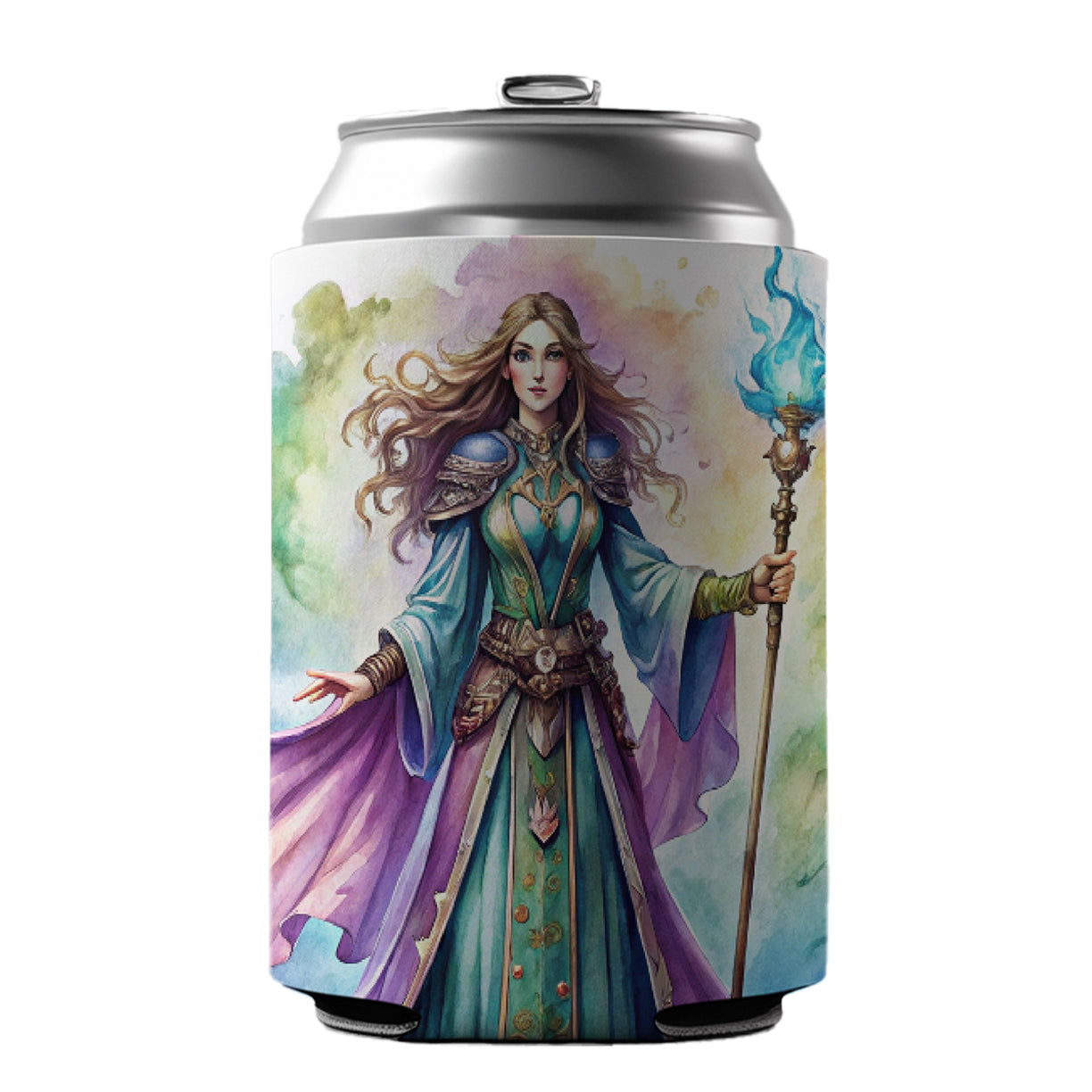 Fantasy Sorceress Purple Blue Magic Mana Watercolor Can Cooler Beer Soda Drink Insulated Holder Sleeve Hugger
