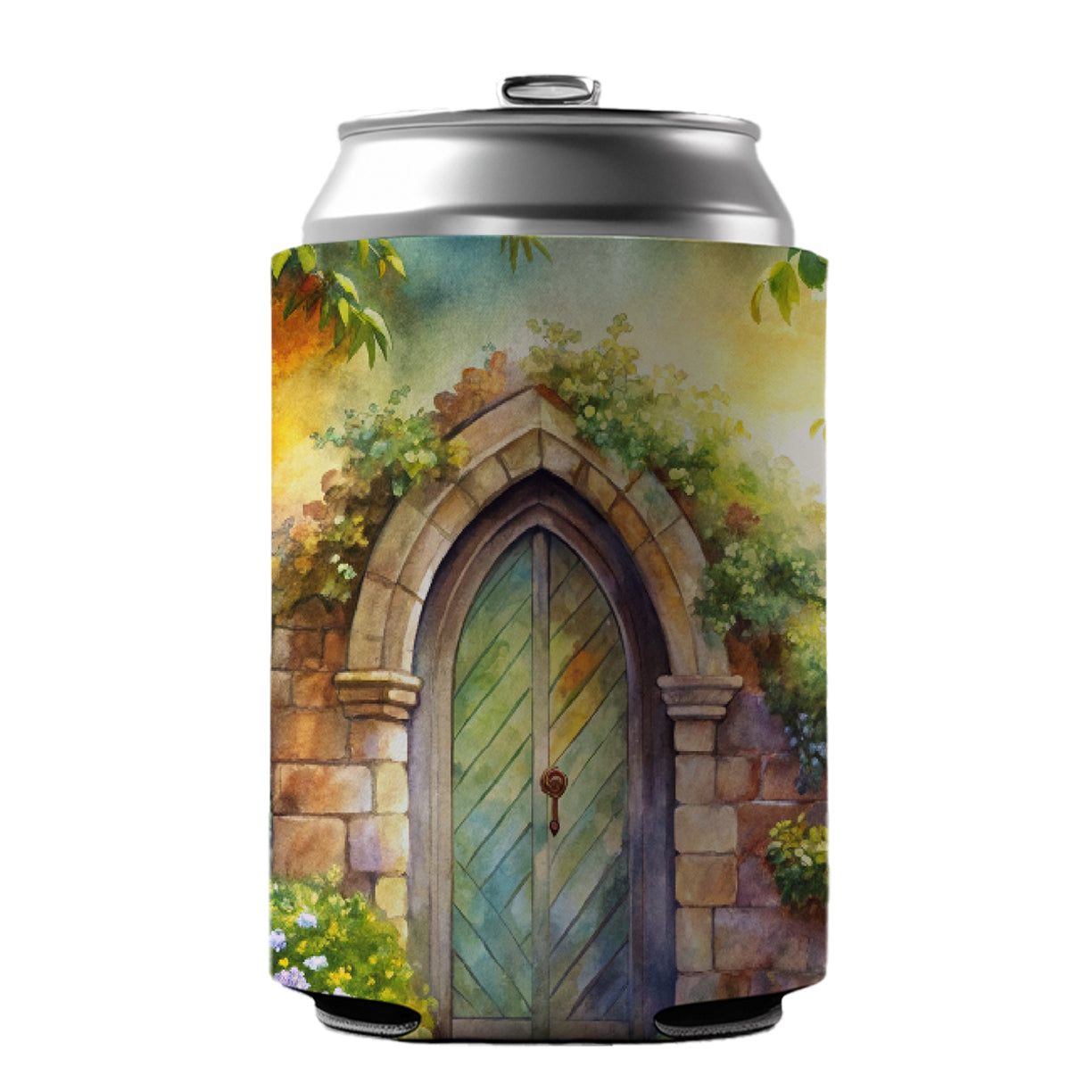 Fantasy World Doorway Fairy Gnome Elven Watercolor Can Cooler Beer Soda Drink Insulated Holder Sleeve Hugger