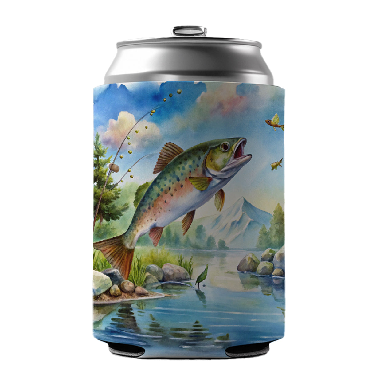 Fish Jumping Stream Lake Fishing Watercolor Can Cooler Beer Soda Drink Insulated Holder Sleeve Hugger