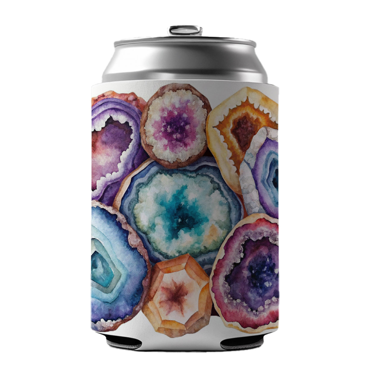 Geode Volcanic Crystals Cut Open Watercolor Can Cooler Beer Soda Drink Insulated Holder Sleeve Hugger