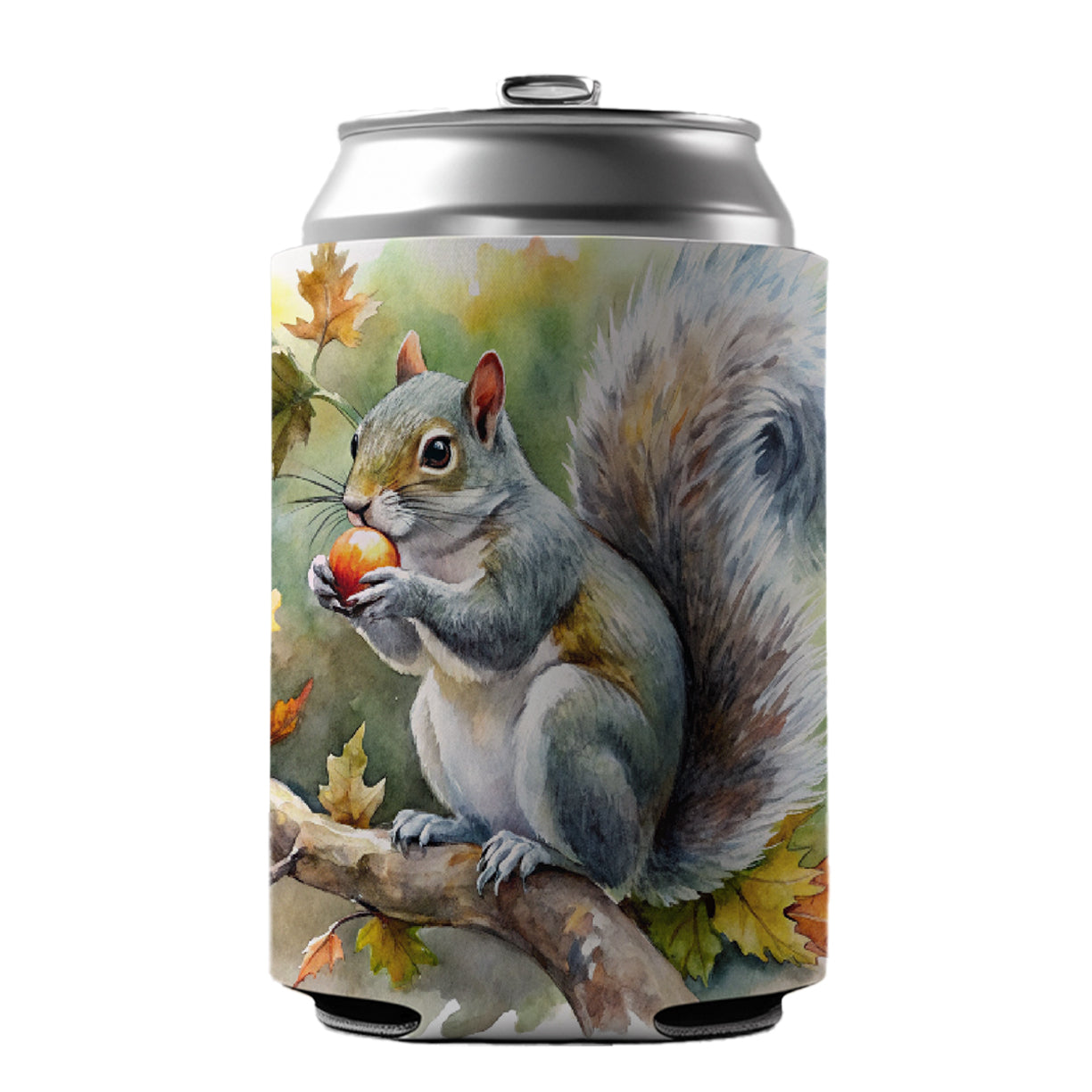 Gray Squirrel Eating Acorn In Tree Watercolor Can Cooler Beer Soda Drink Insulated Holder Sleeve Hugger