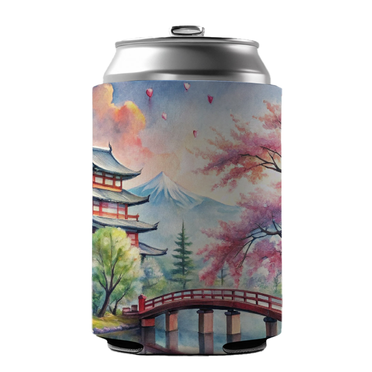 Japanese Scene With Bridge And Cherry Blossom Trees Watercolor Can Cooler Beer Soda Drink Insulated Holder Sleeve Hugger