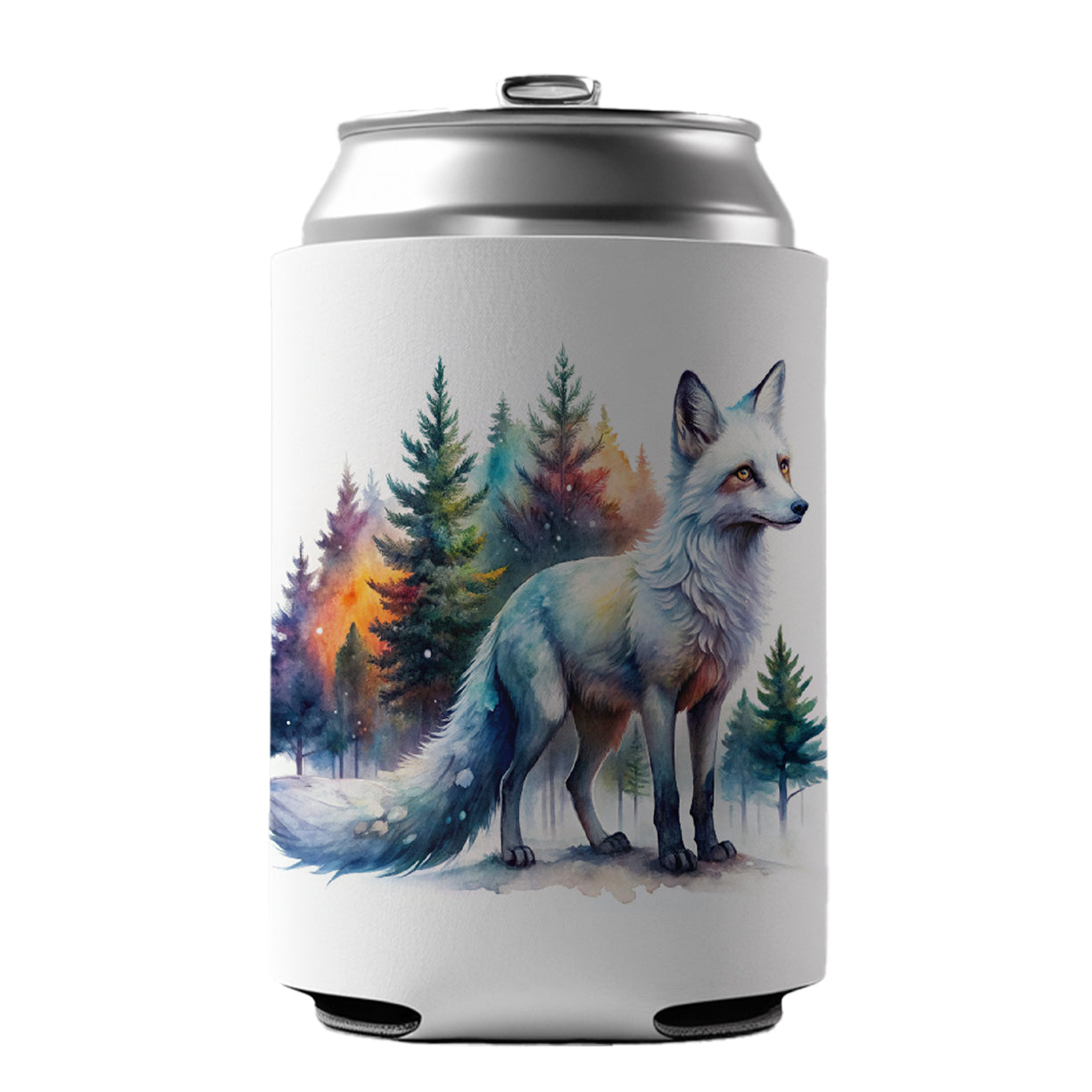Kitsune White Fox Asian Japanese In Forest Watercolor Can Cooler Beer Soda Drink Insulated Holder Sleeve Hugger
