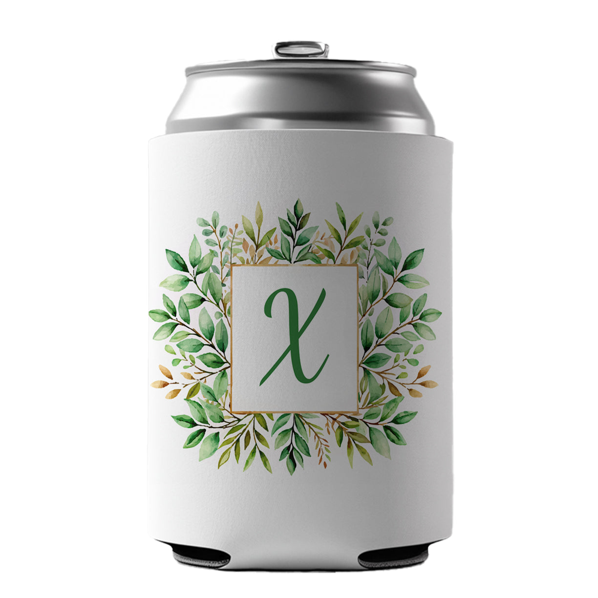 Letter X Initial Monogram Frame Leaf Can Cooler Beer Soda Drink Insulated Holder Sleeve Hugger